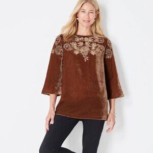J. Jill L Petite Velvet Embroidered Bell-Sleeve Top Auburn Cream Boat Neck Boho